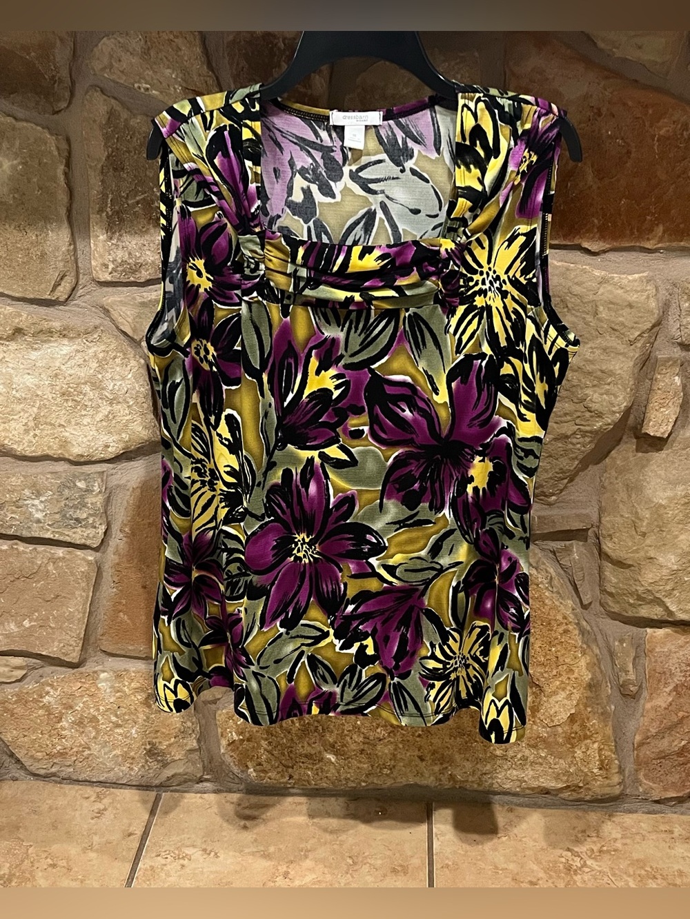 Dressbarn Sleeveless Tank Blouse Women’s 1X Purple Green Yellow Black Florals